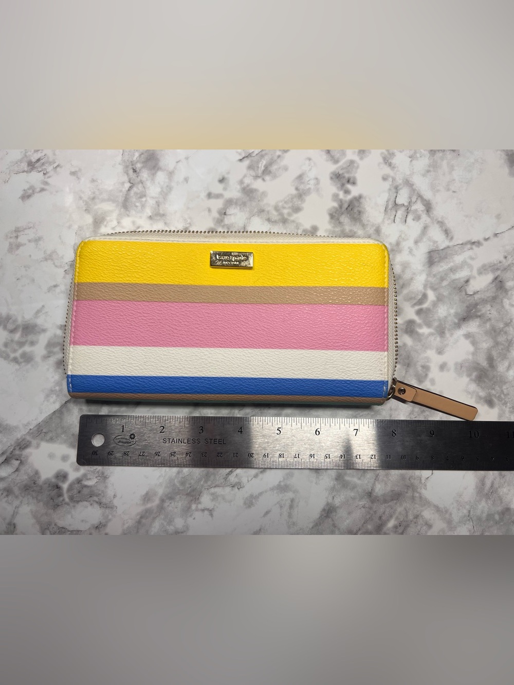 kate spade Striped Zip-Around Wallet in Yellow, Pink, Blue, Cream